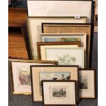 A quantity of framed watercolours and prints, largest 53 x 69cm.