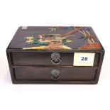 A lovely Chinese hardwood two drawer chest inlaid with carved mother of pearl and semi precious