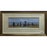 A gilt framed oil on canvas behind glass of a Victorian beach scene, 66 x 35cm.