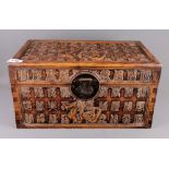 A Chinese carved wooden box, 40 x 33 x 21cm, (A/F to back panel).