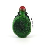 Unusual Chinese dyed carved deer antler snuff bottle (resembling Malachite) with gilt and