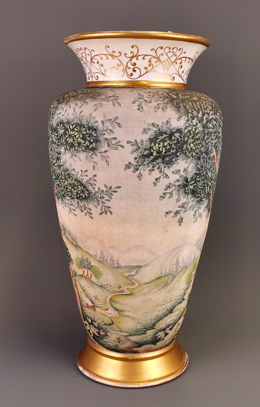 A large 19thC German hand painted and gilt porcelain vase. H. 44cms (small repair to rim) - Image 2 of 3