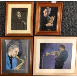 Five framed oils on canvas mounted on board of musicians, largest 38 x 32cm