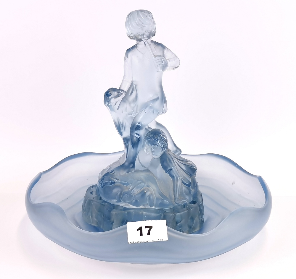 An Art Deco three piece frosted blue glass centrepiece of Peter Pan and Wendy, Dia. 30cm H. 26cm.