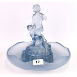 An Art Deco three piece frosted blue glass centrepiece of Peter Pan and Wendy, Dia. 30cm H. 26cm.