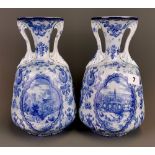 A pair of early 20th Century Continental Delft style porcelain vases, H. 26cm, no visible damage