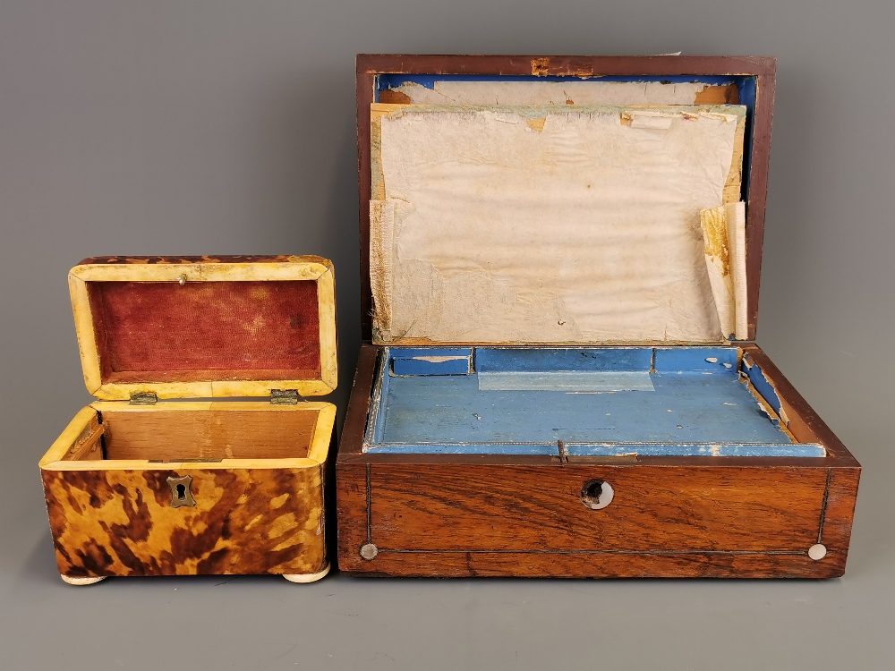 A 19th Century tortoise shell veneered box and a rosewood veneered workbox, tortoise shell box 13 - Image 2 of 2