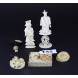 A 19th Century Chinese carved ivory tangray puzzle, together with two carved ivory jewellery items