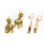 Two pairs of yellow metal (tested minimum 9ct gold) drop earrings, one (a/f).