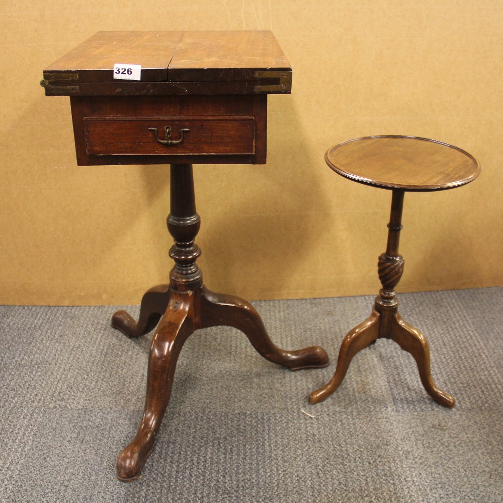 A Georgian fold out single drawer pedestal table, closed W. 36cm, together with a mahogany wine