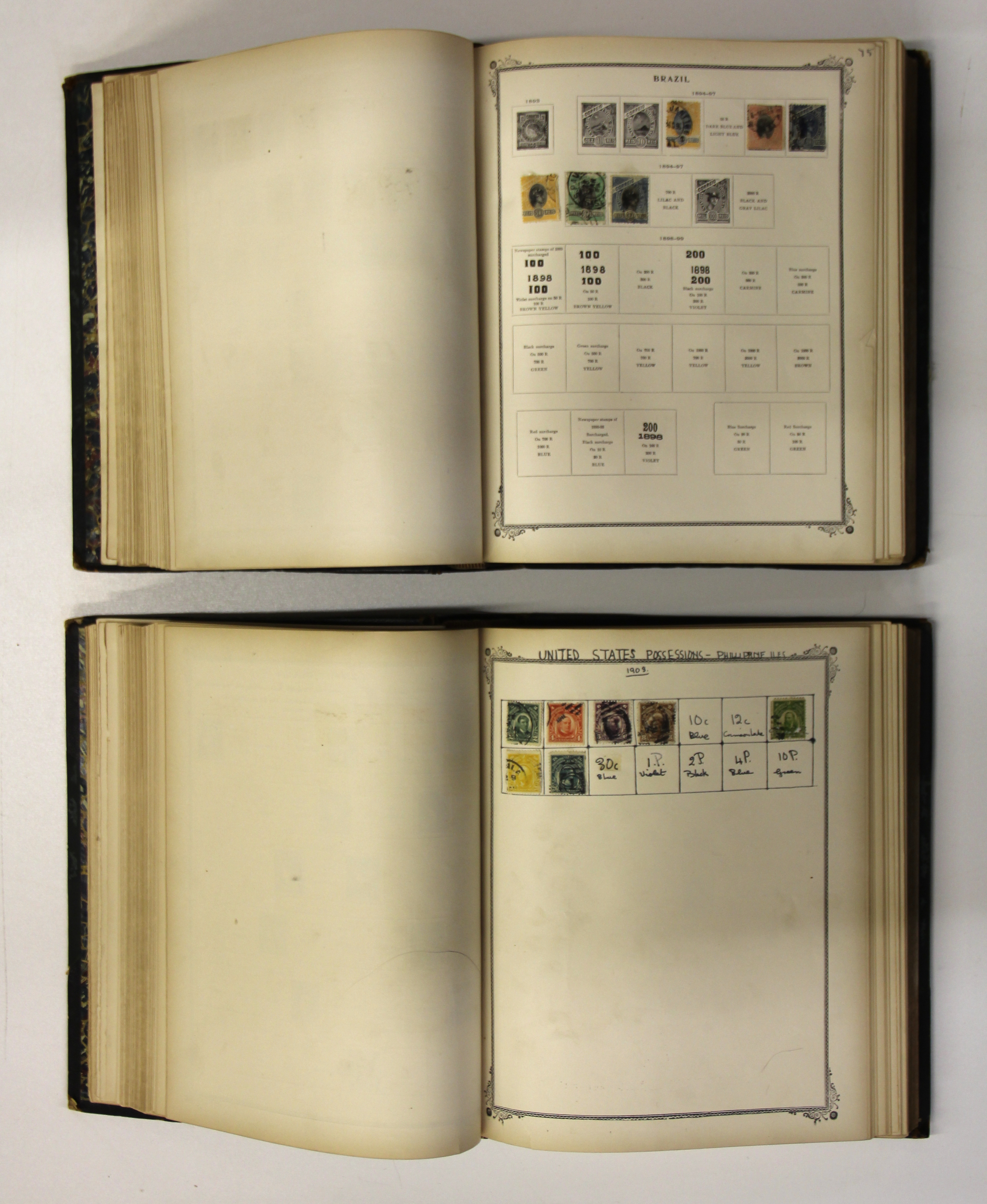 Two half leather bound volumes of 19th Century International stamps.