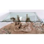 An impressive heavy plate glass top dining or hall table with a stone resin charioteer pedestal, 160