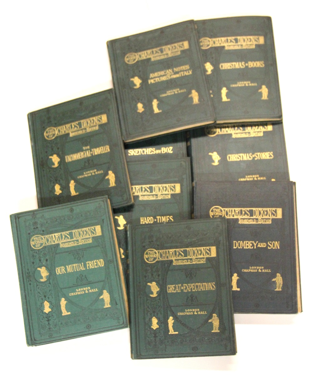 Nine volumes of the works of Charles Dickens with illustrations published by Chapman & Hall Ltd.