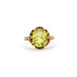 A 9ct yellow gold lemon quartz set ring, (M).