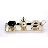 A lovely hallmarked silver three piece cruet set and hallmarked silver tray, tray L. 20cm.