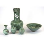 A group of five interesting Korean porcelain items, vase H. 20cm.