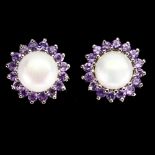 A pair of 925 silver amethyst and pearl set cluster earrings, Dia. 1.3cm.