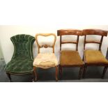 A 19th Century upholstered button back nursing chair together with a pair of Regency dining chairs