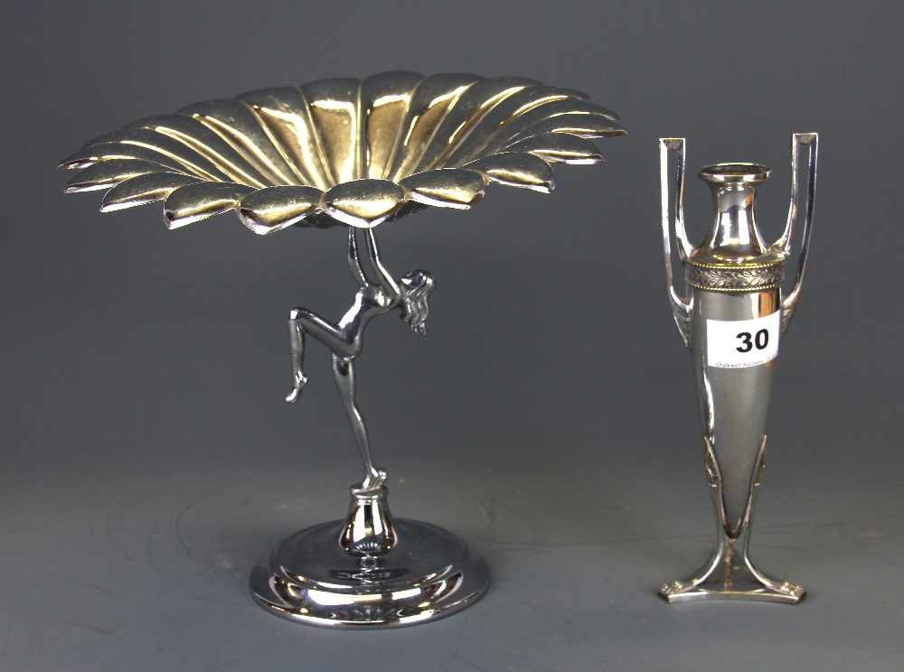 A Art Nouveau WMF vase, H. 21cm, together with an Art Deco chromium plated centrepiece.