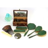 A 1930's enamelled dressing table set with a ladies leather travelling case, perfume bottle,