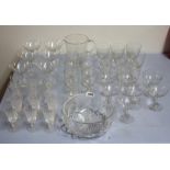 A quantity of good etched glassware and six Stewart crystal sherry glasses.