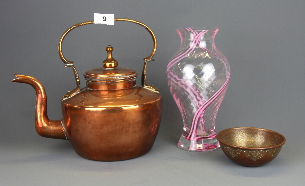 A 19th Century copper kettle with an Eastern copper brass bowl and a glass vase, kettle H. 27cm.