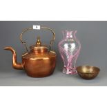 A 19th Century copper kettle with an Eastern copper brass bowl and a glass vase, kettle H. 27cm.