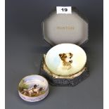 A boxed signed Minton hand painted porcelain dog dish, Dia. 11cm, and a hand painted Crown Devon dog