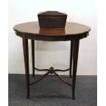 A Regency mahogany tea caddy, together with an inlaid mahogany side table, W. 76cm.