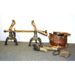 A pair of 19th Century steel and copper fire dogs with copper companion set, bucket and horn handled