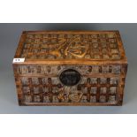 A Chinese carved wooden box, 40 x 33 x 21cm, (A/F to back panel).