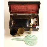 A 19th Century box containing a tortoise shell box (a/f), two horn beakers and other items.