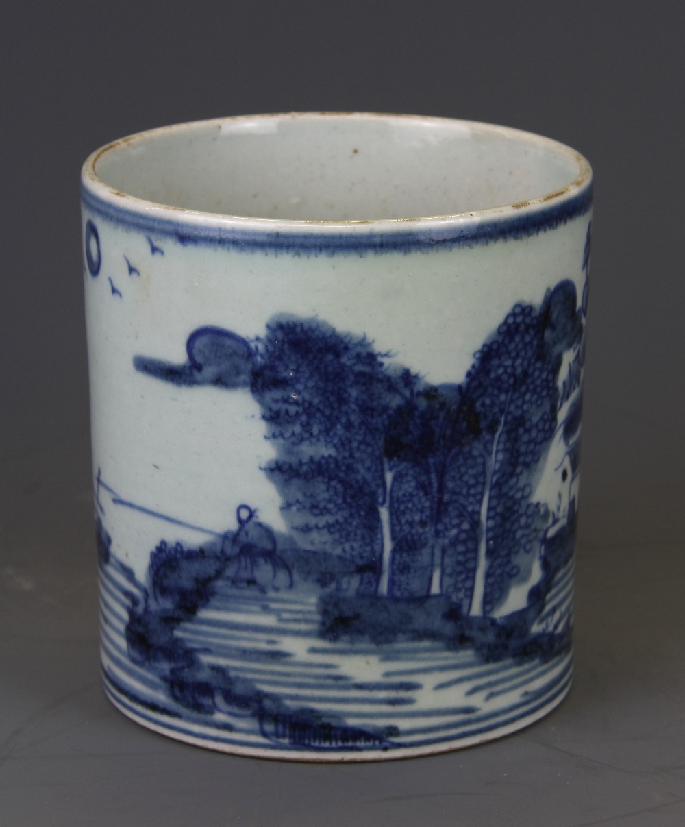 A Chinese hand painted porcelain brush pot, H. 13cm. - Image 2 of 3