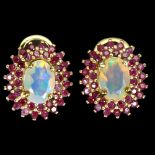 A pair of 925 silver gilt opal and ruby set cluster earrings, L. 1.2cm.