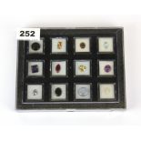 A tray containing twelve un-mounted gemstones, including amethyst, citrine, sapphire, etc.