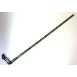 A white metal (tested silver) mounted aventurine two section walking stick with horse head handle,