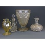 An early handmade glass jug together with three Victorian cut glass items, Jug H. 18cm.