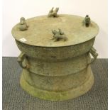 A superb early Chinese bronze rain drum with dragon head handles and mounted with frogs, Dia. 49.