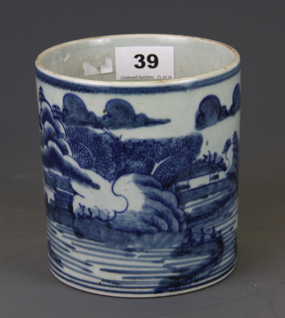 A Chinese hand painted porcelain brush pot, H. 13cm.