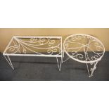 Two wrought iron tables without glass tops, largest 91 x 46 x 45cm.