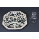 An 1887 Queen Victoria Golden Jubilee plate, together with a Queen Victoria commemorative bottle.