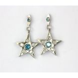 A pair of 18ct white gold (stamped 750) drop earrings set with diamonds and fancy blue diamonds,