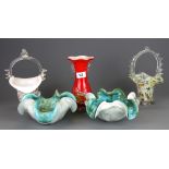 A pair of Murano glass bowls and three further glass items, vase H. 20cm.