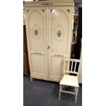 A 1920's two door wardrobe with matching tall boy and bedroom chair all with original paint and