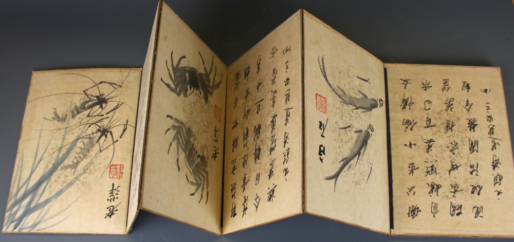 A Chinese hand painted folding book of calligraphy with paintings of reptiles, fish and insects, - Image 3 of 3
