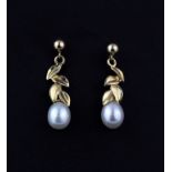 A pair of 14ct yellow gold pearl set drop earrings, L. 3cm.