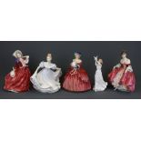 Five Royal Doulton lady figurines, tallest H. 20cm.