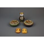 A small Chinese cloisonne vase together with two Chinese glazed pottery ink boxes and two carved