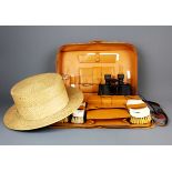 A vintage Tress & Co. straw boater with a gentleman's pig skin travelling case and other items.