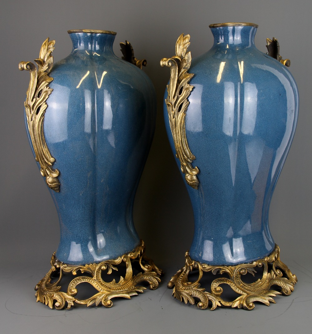 A pair of large continental ormolu mounted crackle glazed porcelain vases, H. 49.5cm. - Image 3 of 3